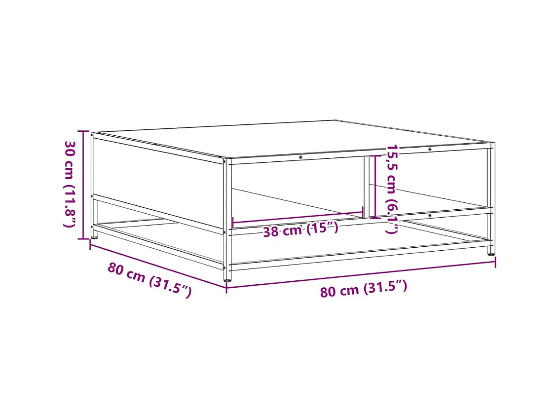 Tavolino da caffè in rovere marrone 80x80x30 cm in legno ingegnerizzato e metallo