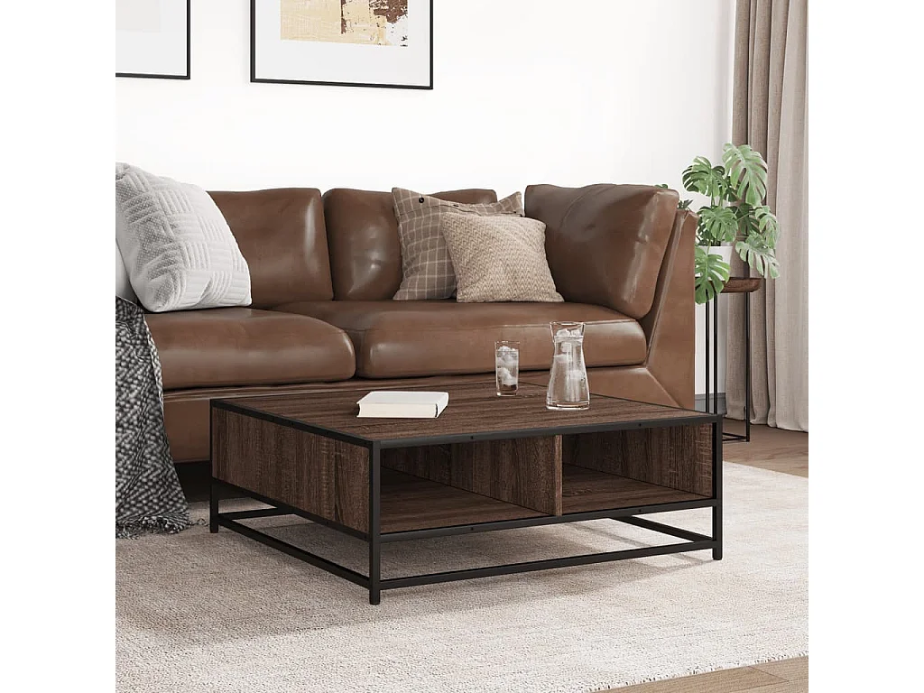 Table basse chêne marron 80x80x30 cm bois d'ingénierie et métal