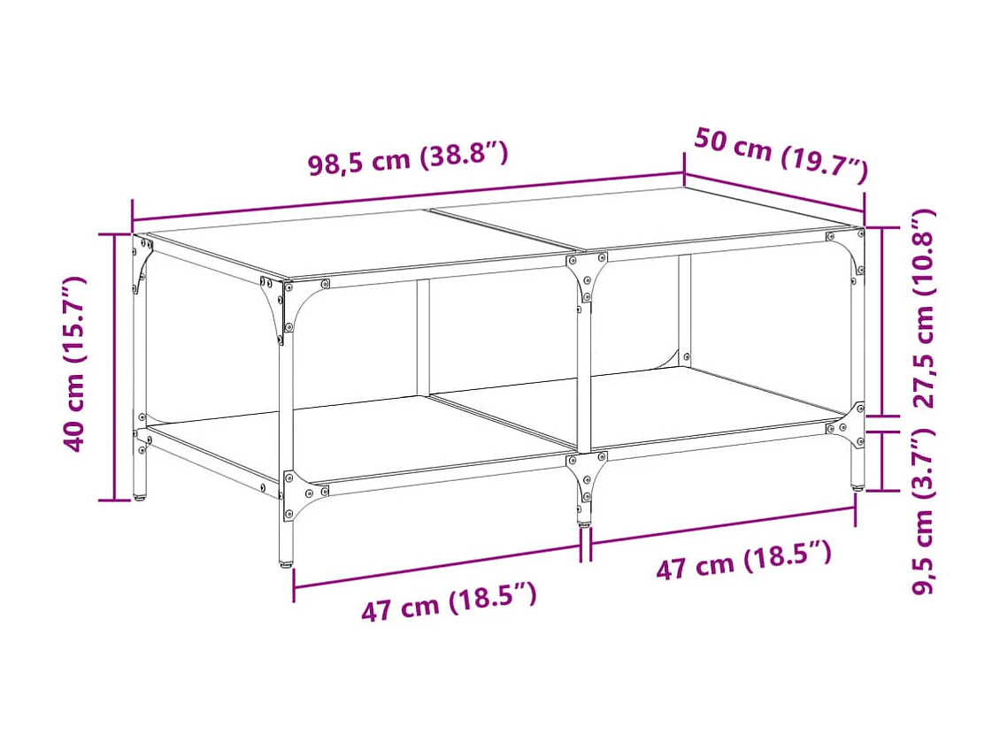 Mesa de centro con tapa de cristal transparente 98,5x50x40cm acero