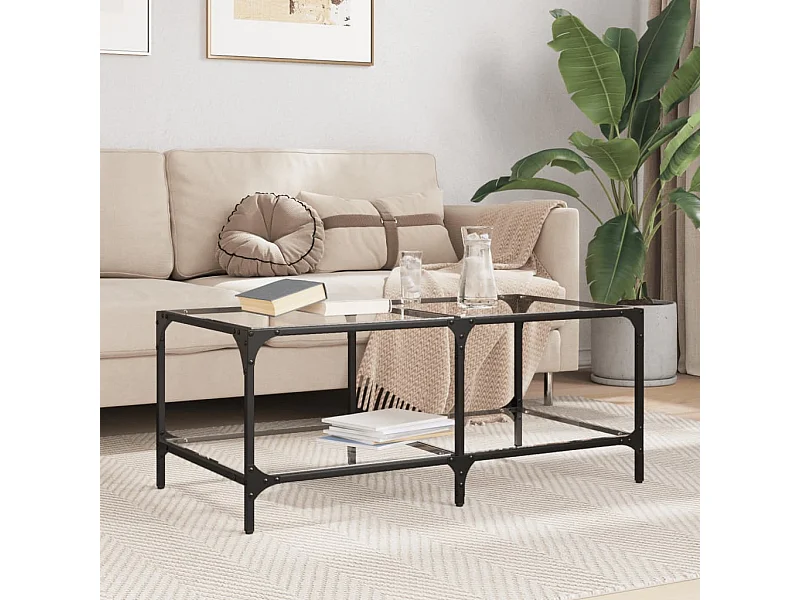 Tavolino con piano in vetro trasparente 98,5x50x40cm acciaio