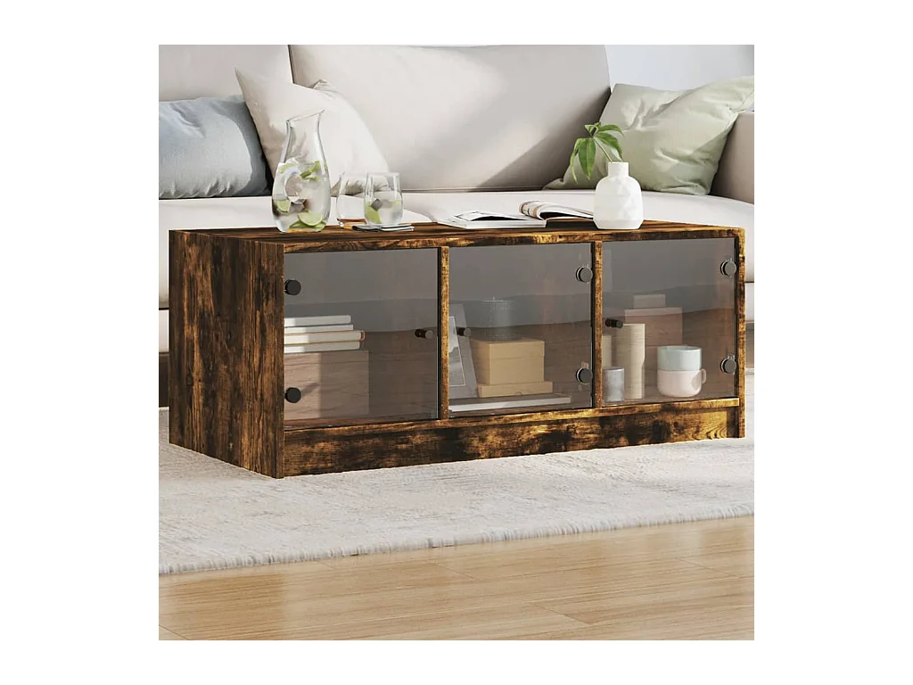 Table basse avec portes en verre chêne fumé 102x50x42 cm