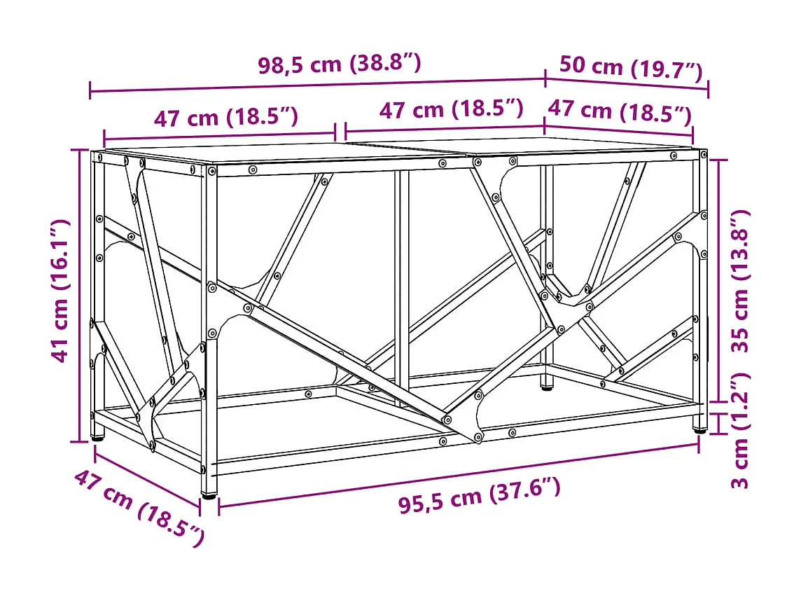 Table basse avec dessus en verre transparent 98,5x50x41cm acier