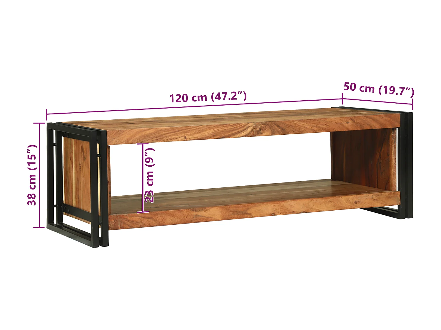 Table basse 120x50x38 cm en bois massif d'acacia