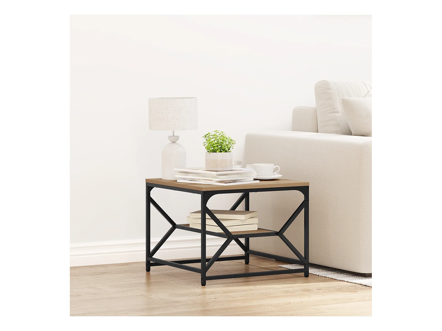 Table basse avec étagère en chêne, 51x50x40 cm, en bois d'ingénierie