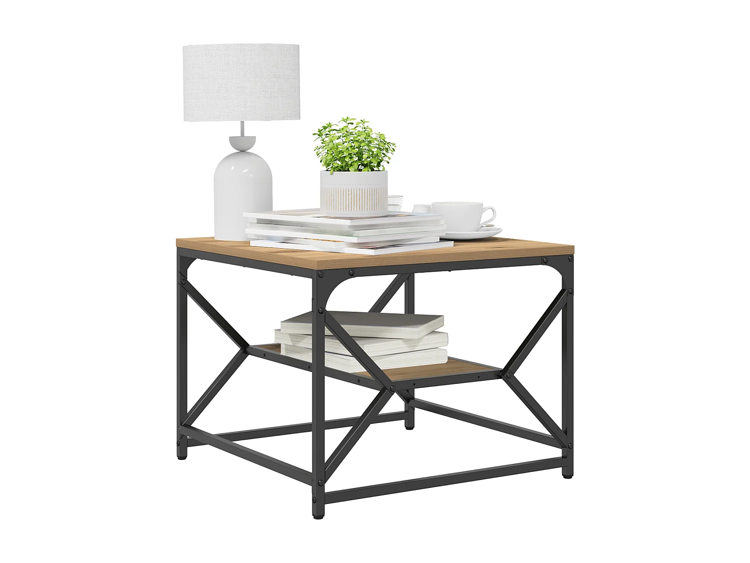 Table basse avec étagère en chêne, 51x50x40 cm, en bois d'ingénierie