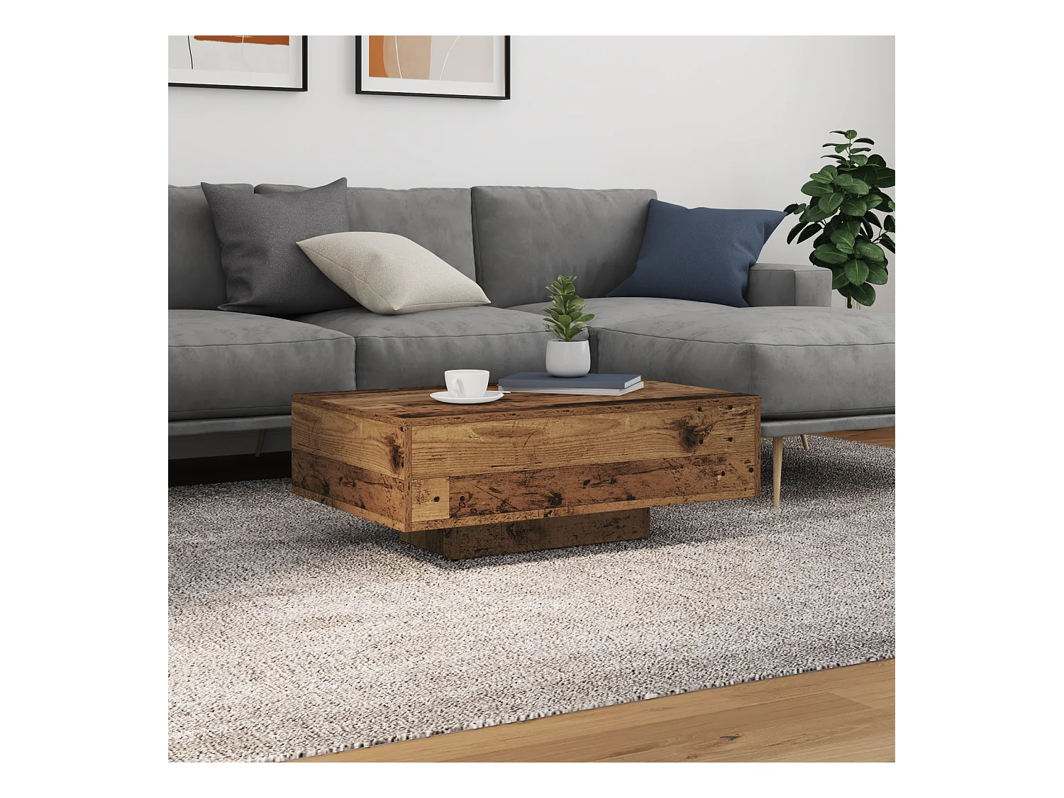 Table basse avec lumières LED en bois ancien 85x55x31 cm