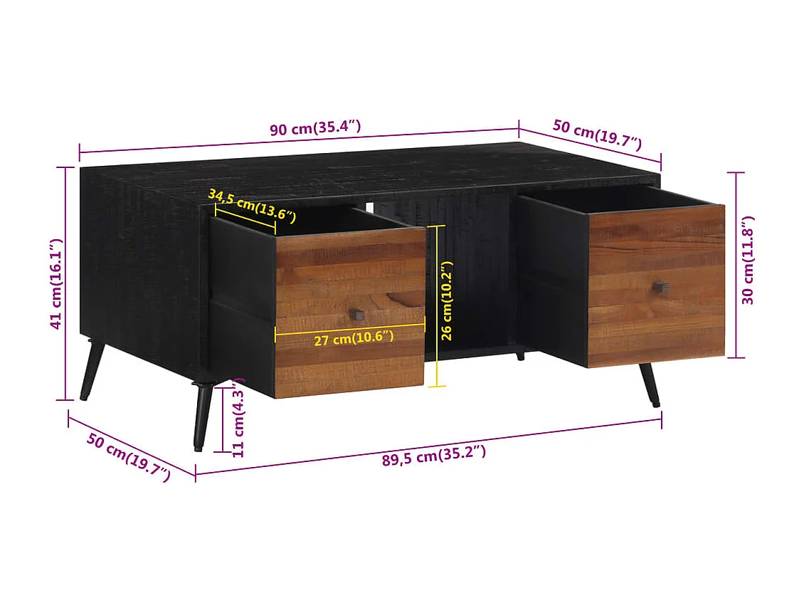 Tavolino da caffè 90x50x41 cm in teak massello di recupero
