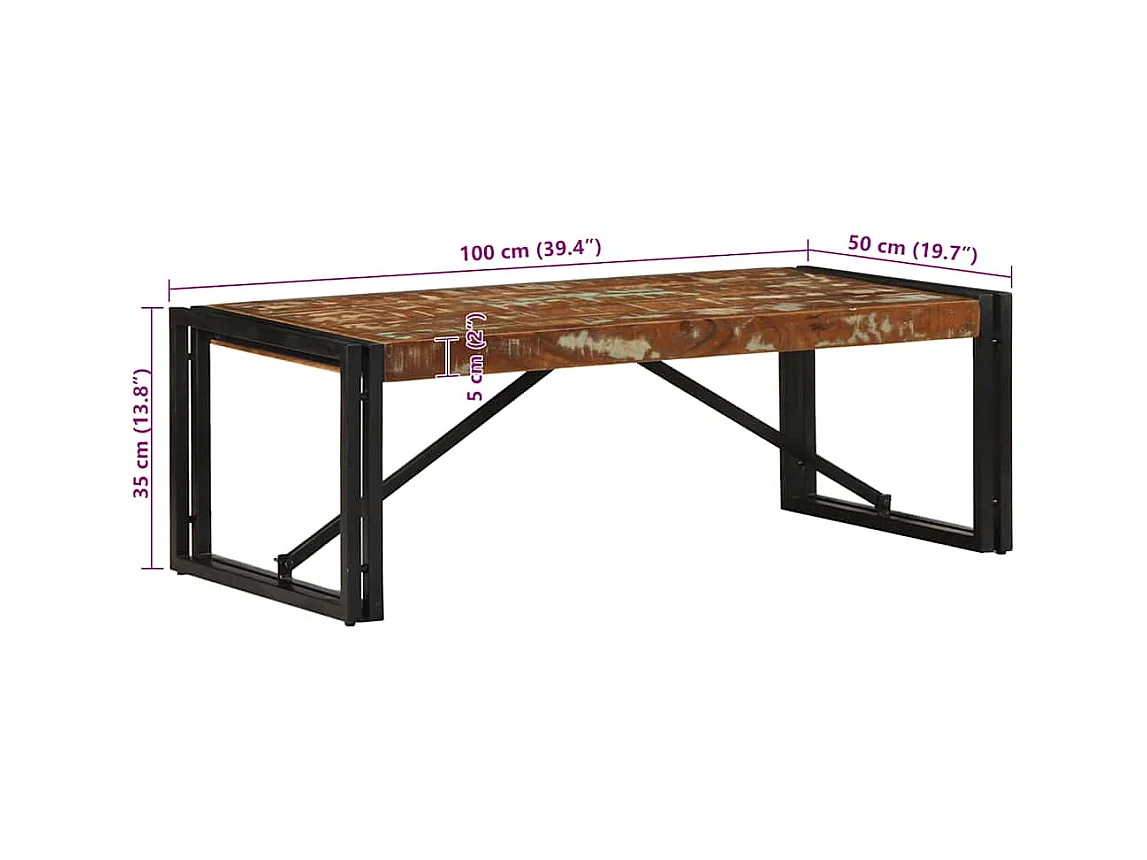 Table basse multicolore 100x50x35cm bois de récupération massif