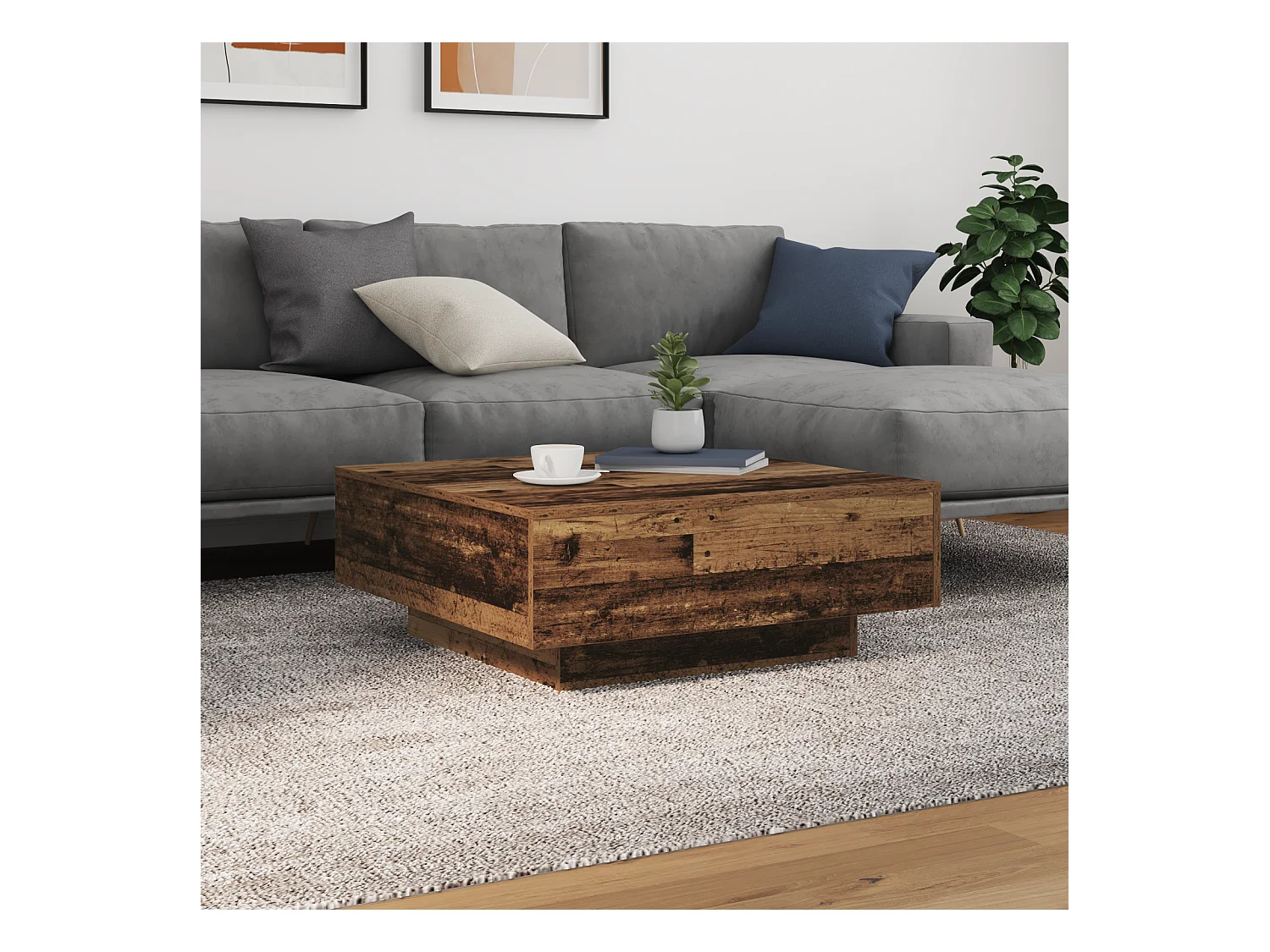 Tavolino con luci LED in legno anticato 80x80x31 cm