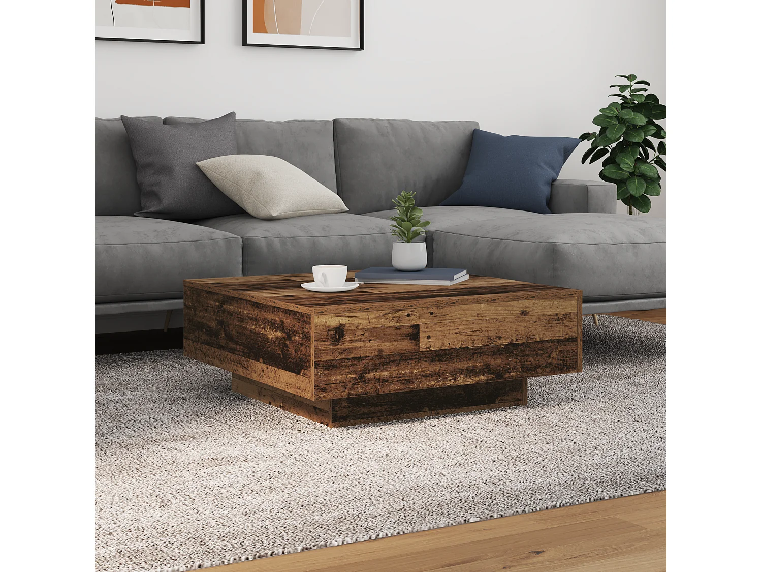 Salontafel met LED-verlichting in antiek hout 80x80x31 cm