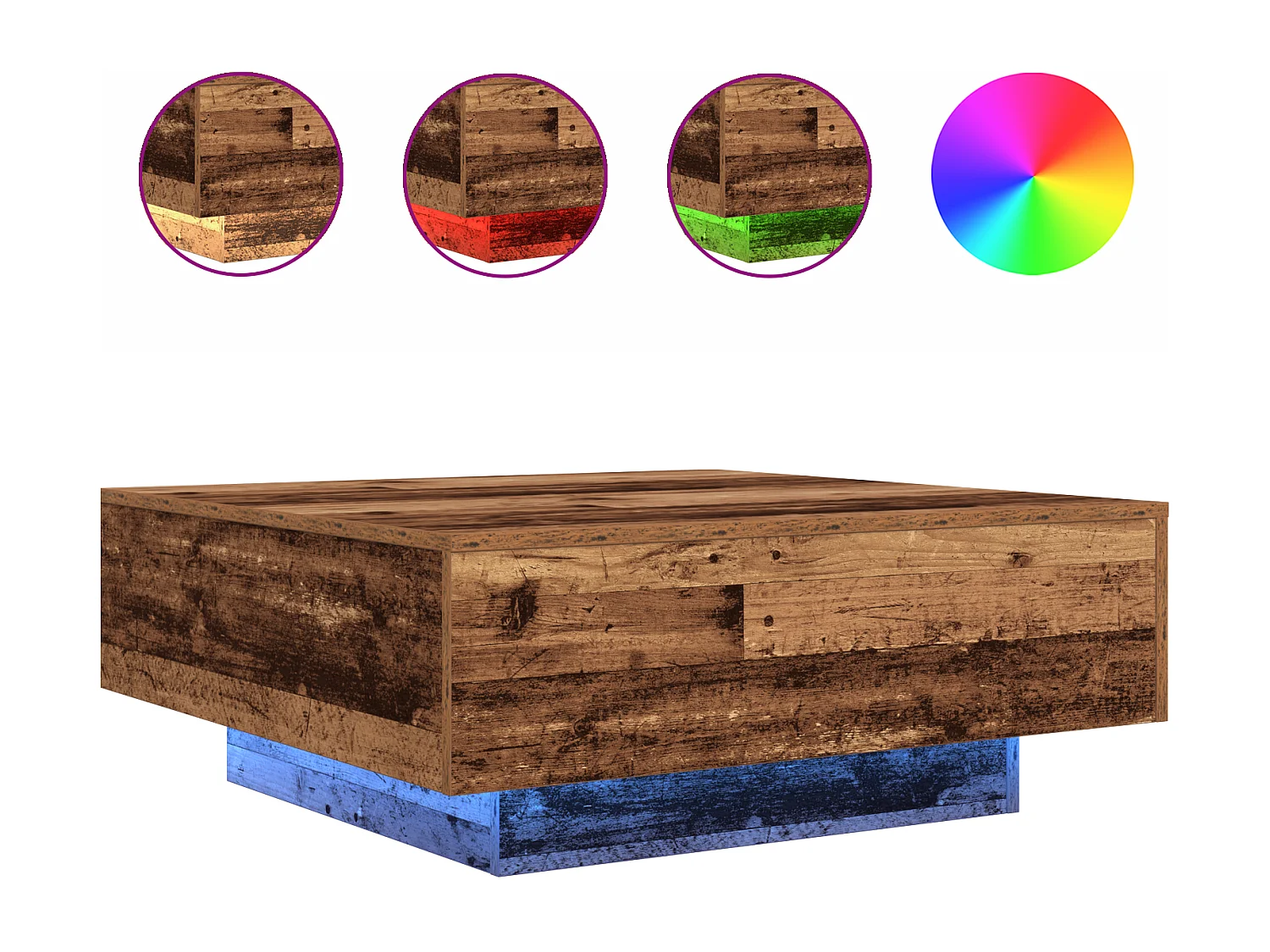 Table basse avec lumières LED en bois ancien 80x80x31 cm