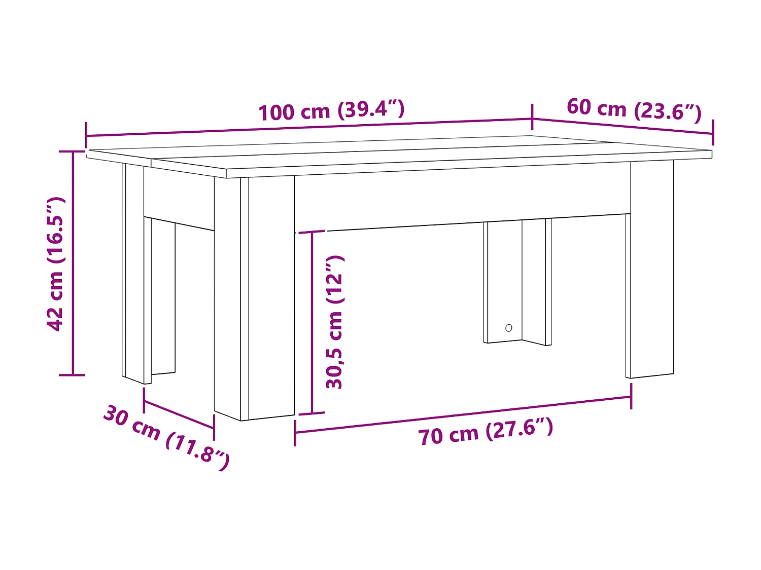 Table basse en chêne noir , 100 x 60 x 42 cm, fabriquée en bois agencé.