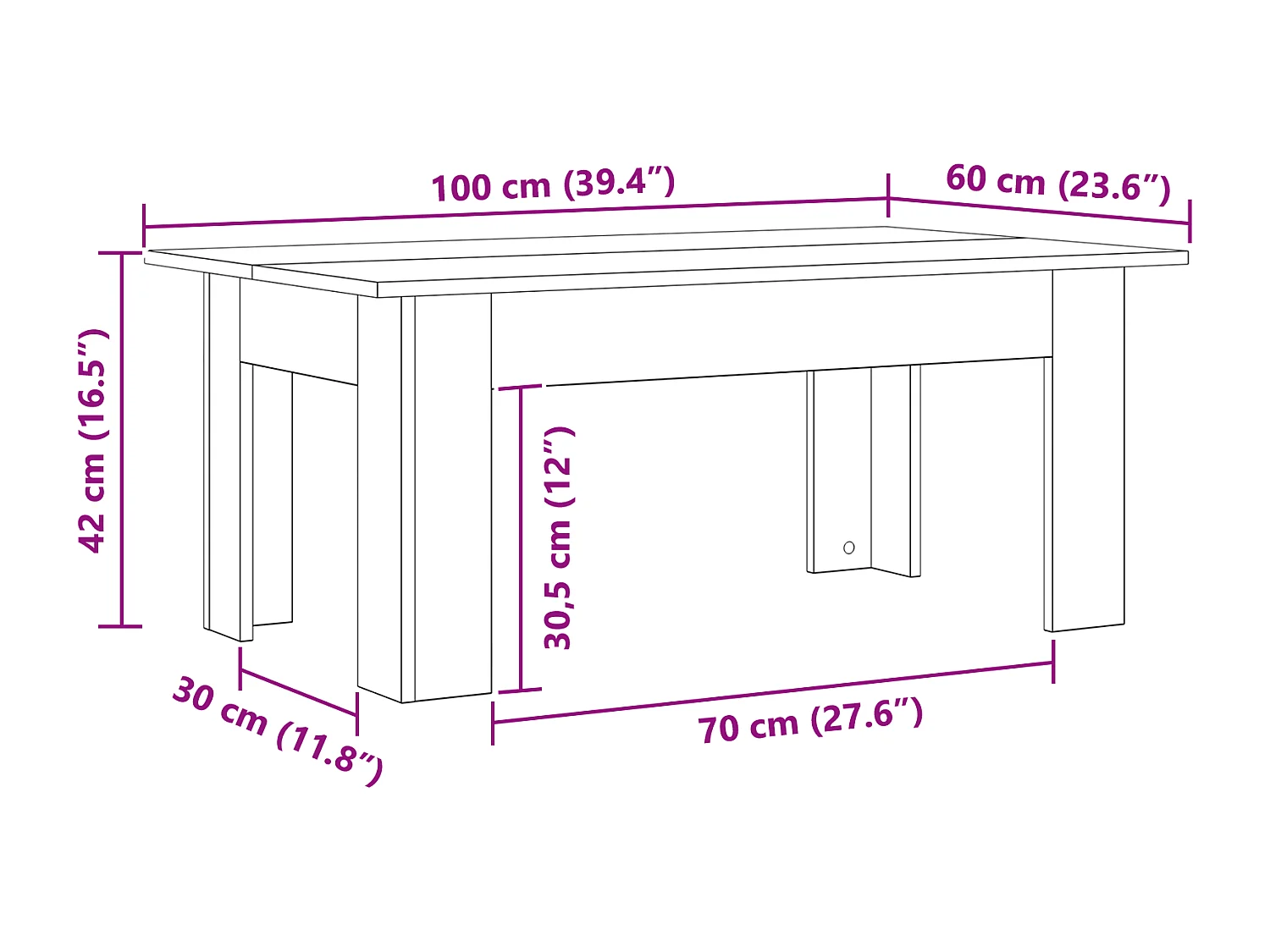 Table basse en chêne noir , 100 x 60 x 42 cm, fabriquée en bois agencé.