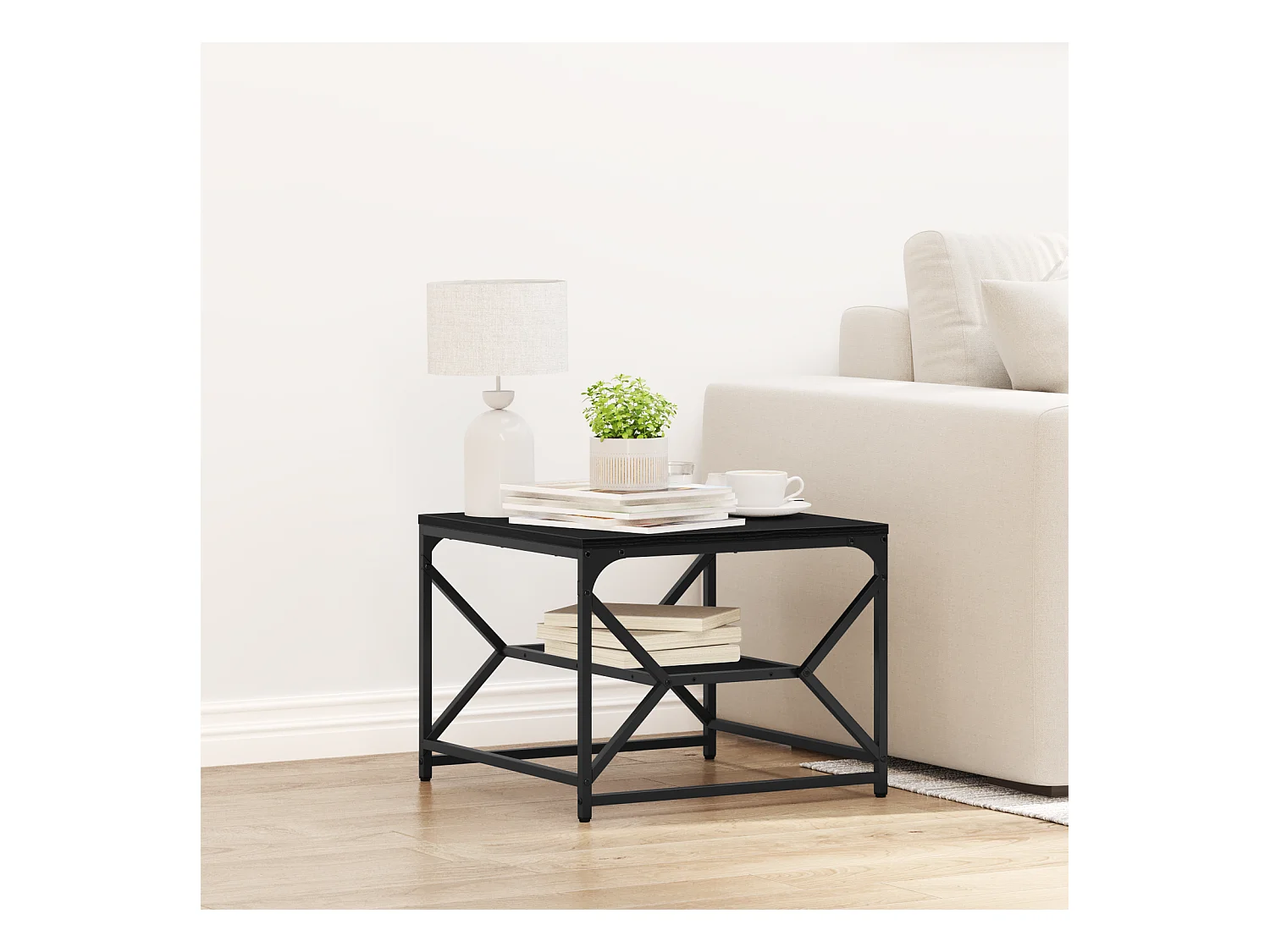 Tavolino da caffè in rovere nero con ripiano, 51x50x40 cm, realizzato in legno ingegnerizzato