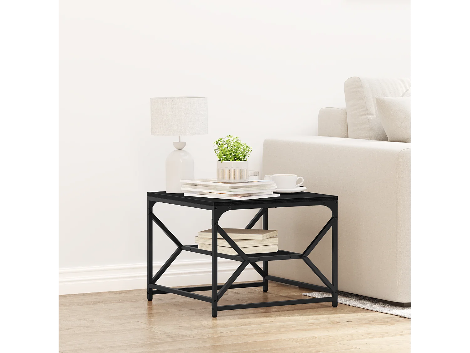 Table basse en chêne noir avec étagère, 51x50x40 cm, fabriquée en bois d'ingénierie