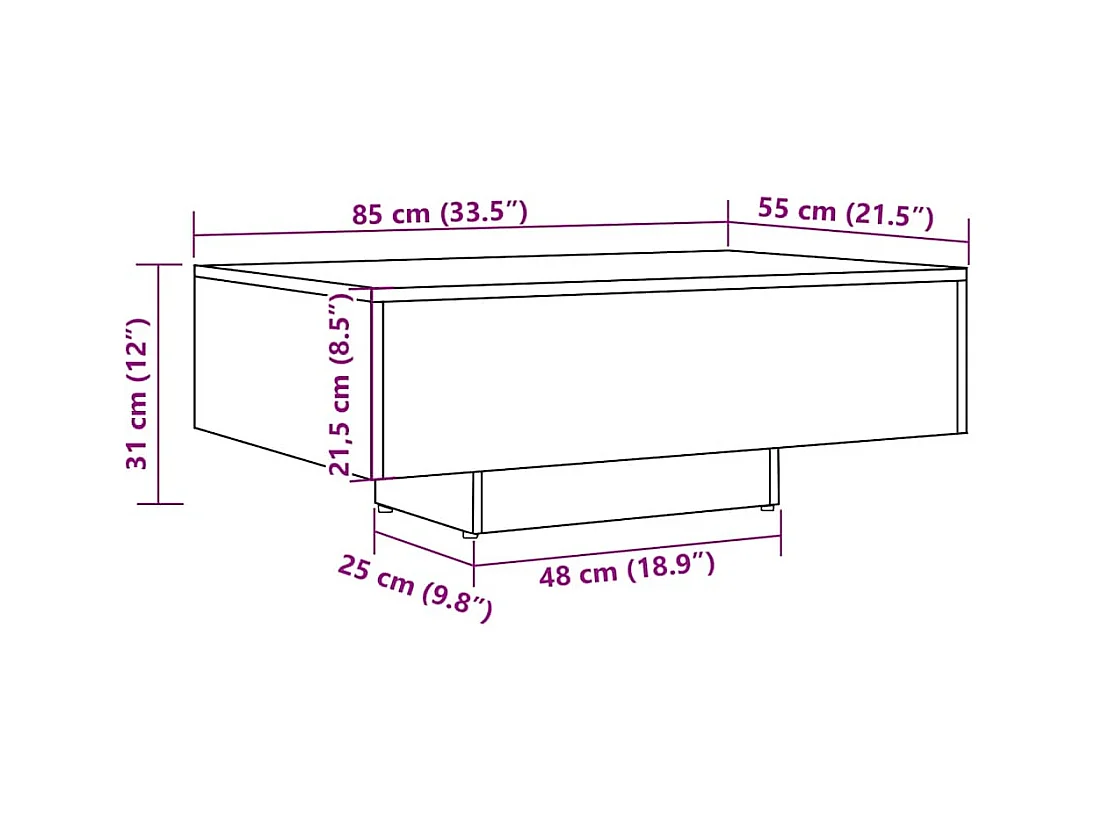 Table basse chêne artisanal 85x55x31 cm bois d'ingénierie