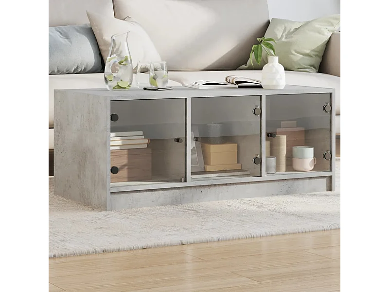 Table basse avec portes en verre gris béton 102x50x42 cm