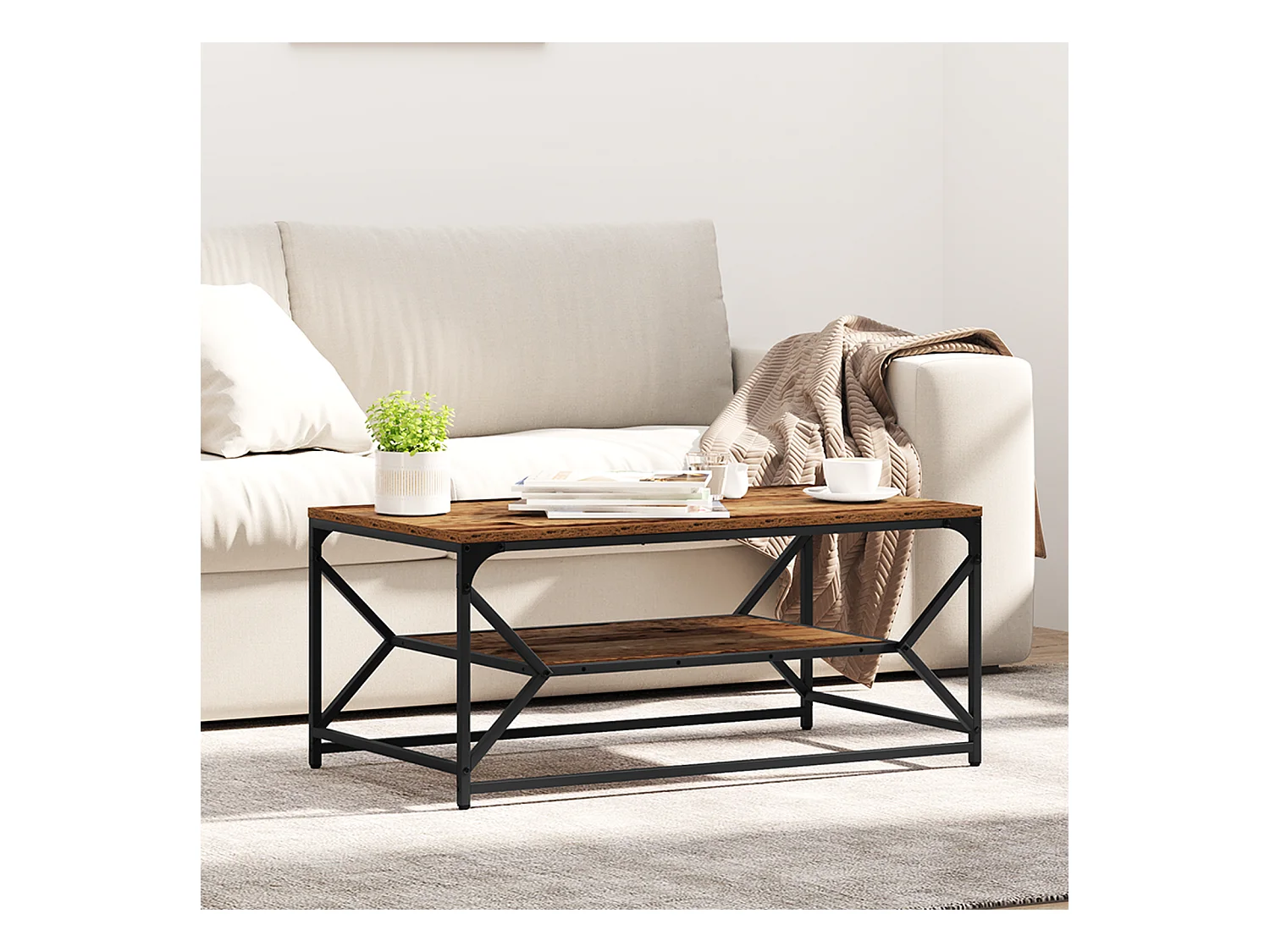 Table basse avec étagère en bois vintage 90x50x40 cm en bois d'ingénierie