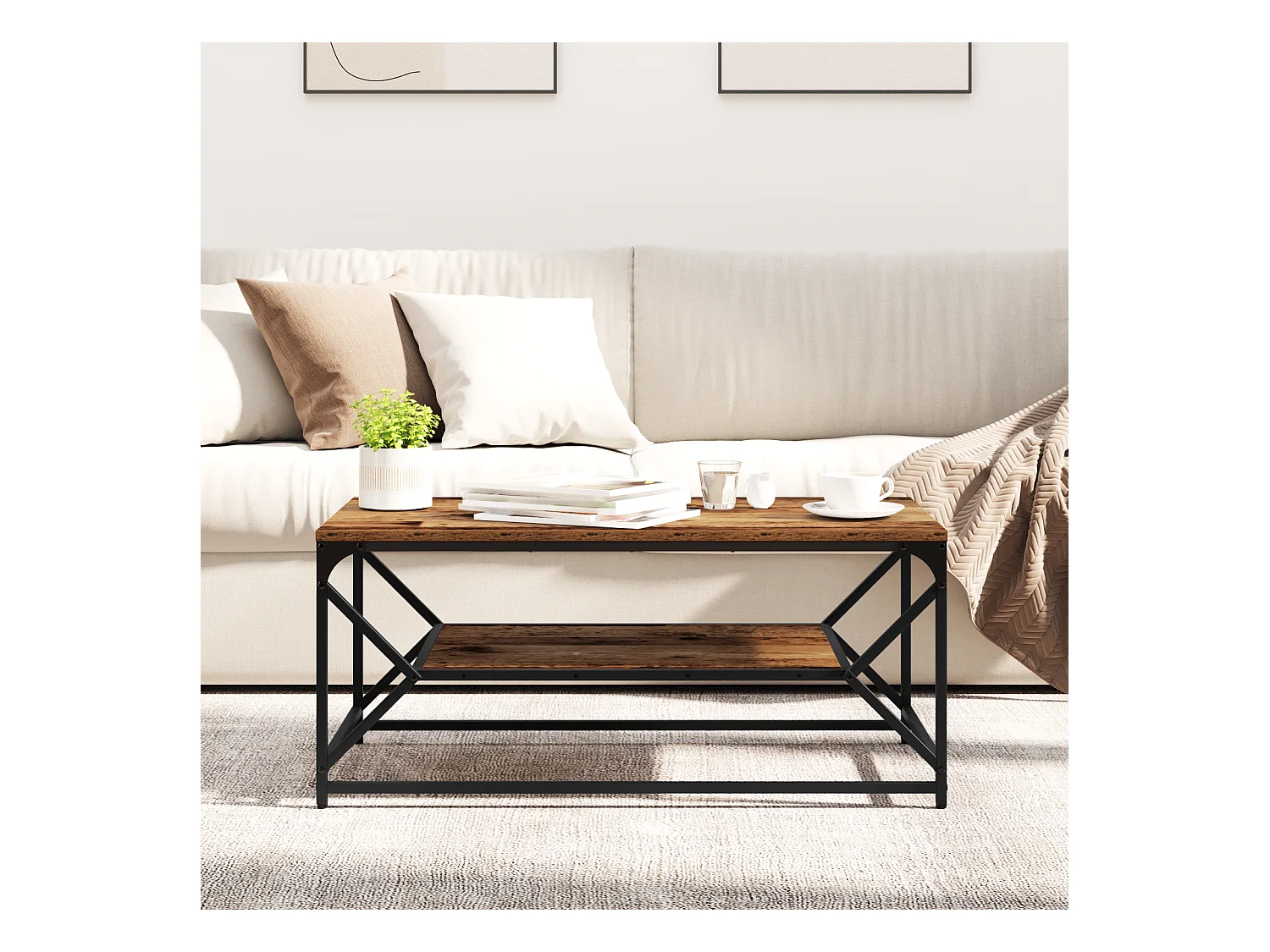 Table basse avec étagère en bois vintage 90x50x40 cm en bois d'ingénierie