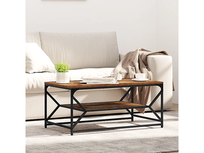 Vintage houten salontafel met plank 90x50x40 cm gemaakt van bewerkt hout