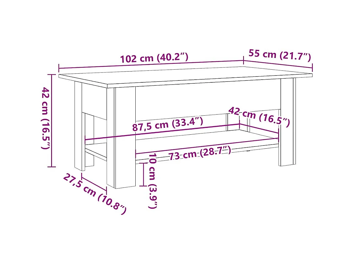 Table basse chêne artisanal 102x55x42 cm bois d'ingénierie