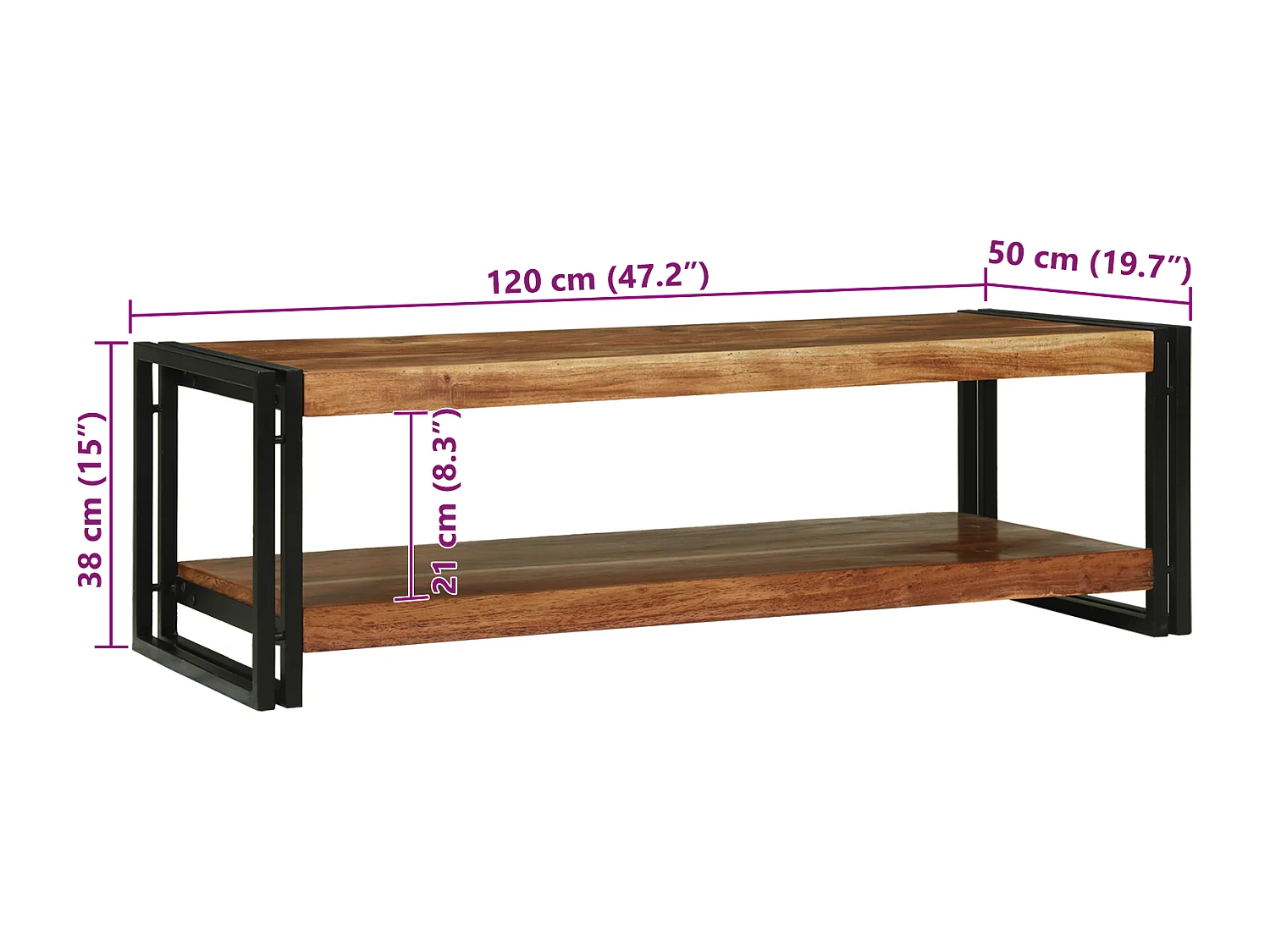 Table basse 120x50x38 cm en bois massif d'acacia