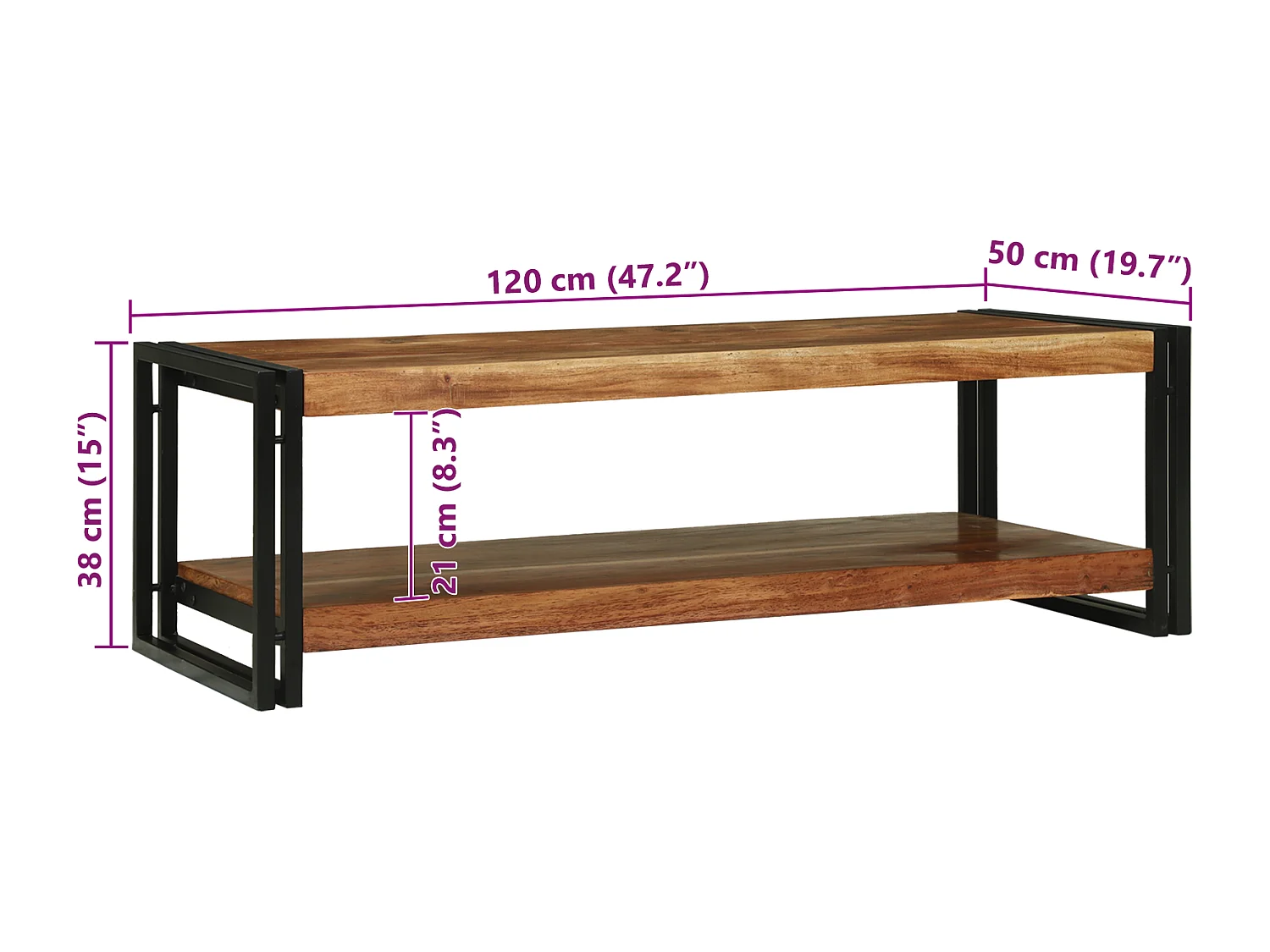 Table basse 120x50x38 cm en bois massif d'acacia