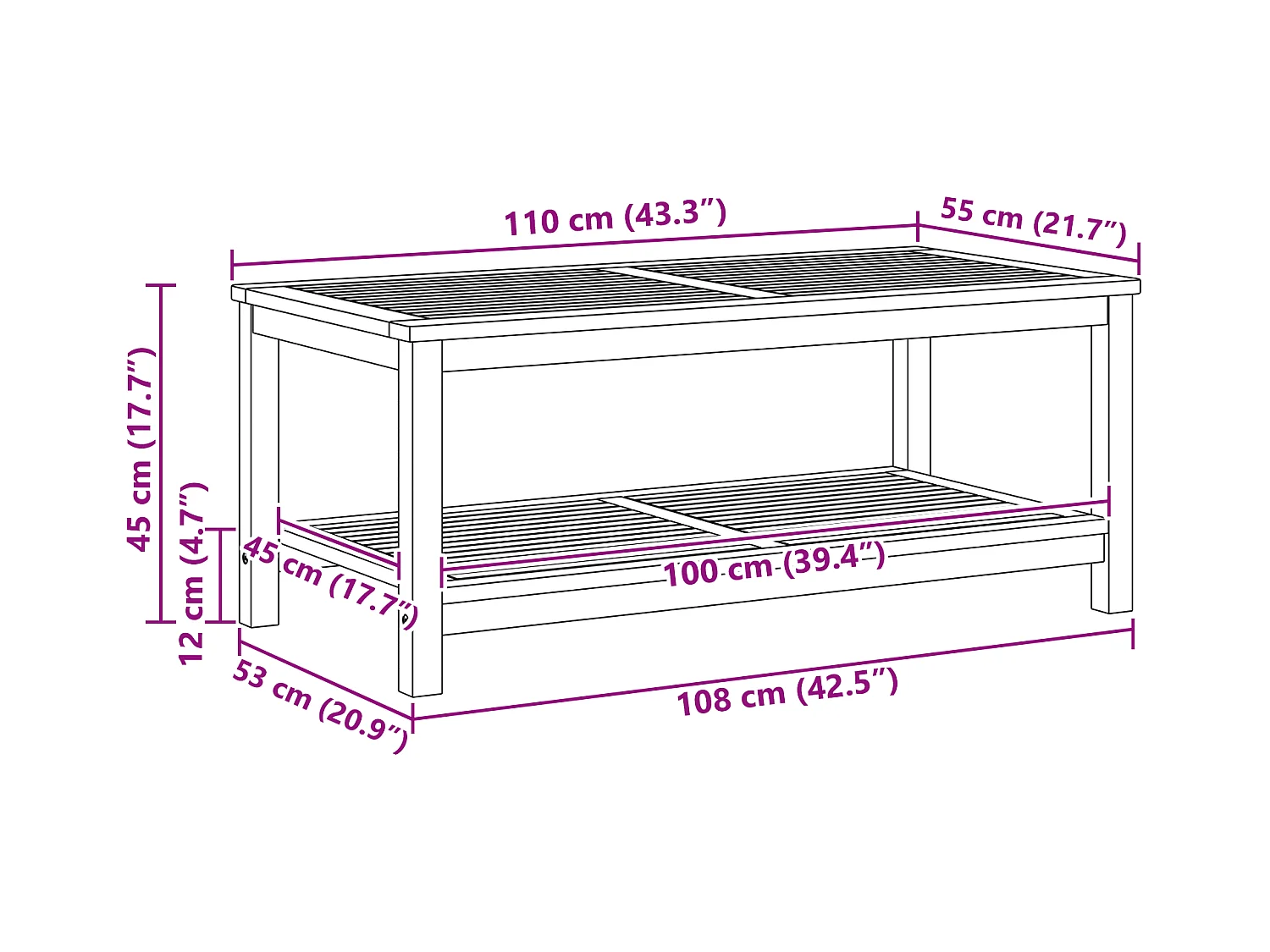 Tavolino da caffè 110x55x45 cm in legno massello di acacia