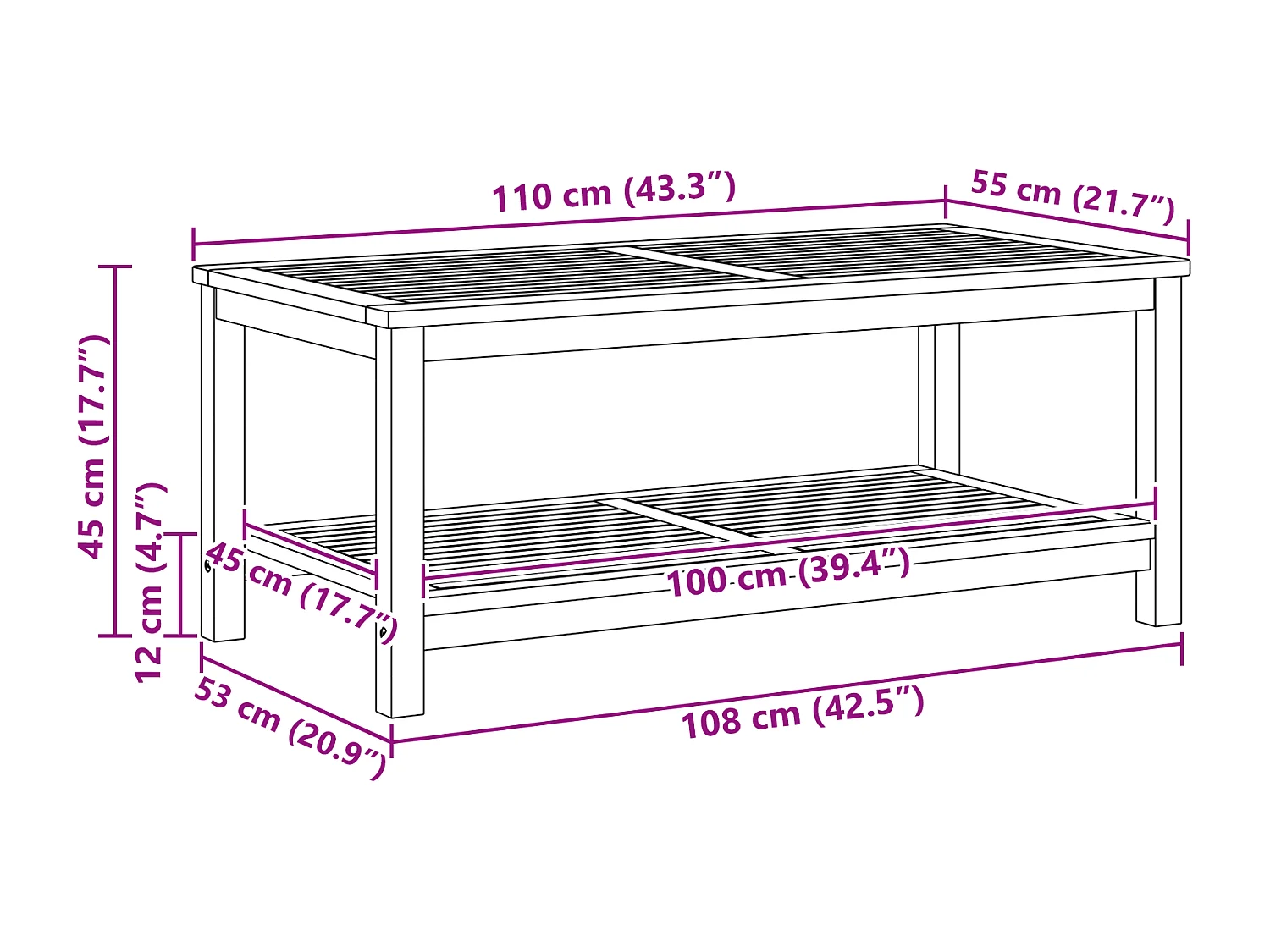 Table basse 110x55x45 cm en bois d'acacia massif
