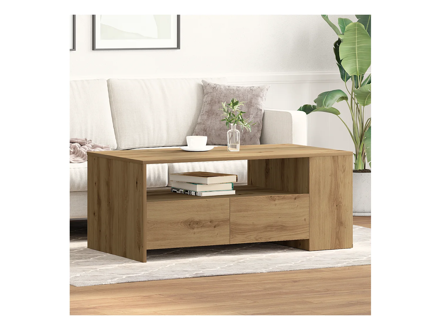 Table basse - Chêne artisanal - 102x55x43,5 cm - Fabriquée en bois d'ingénierie