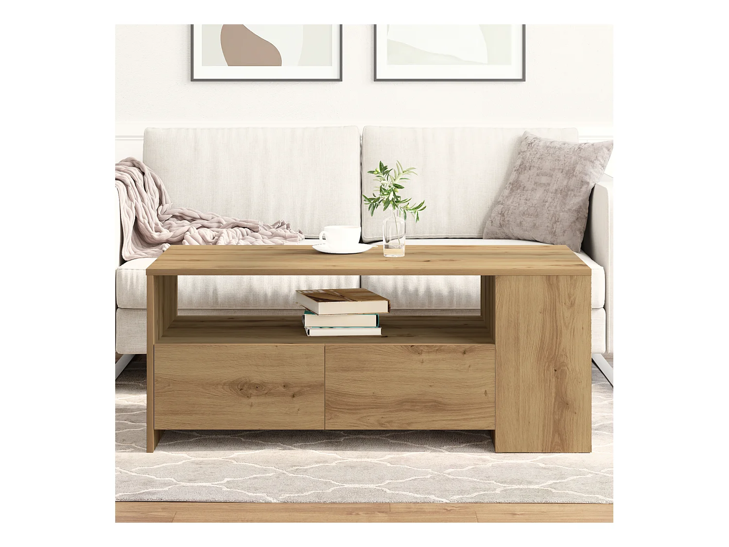 Table basse - Chêne artisanal - 102x55x43,5 cm - Fabriquée en bois d'ingénierie