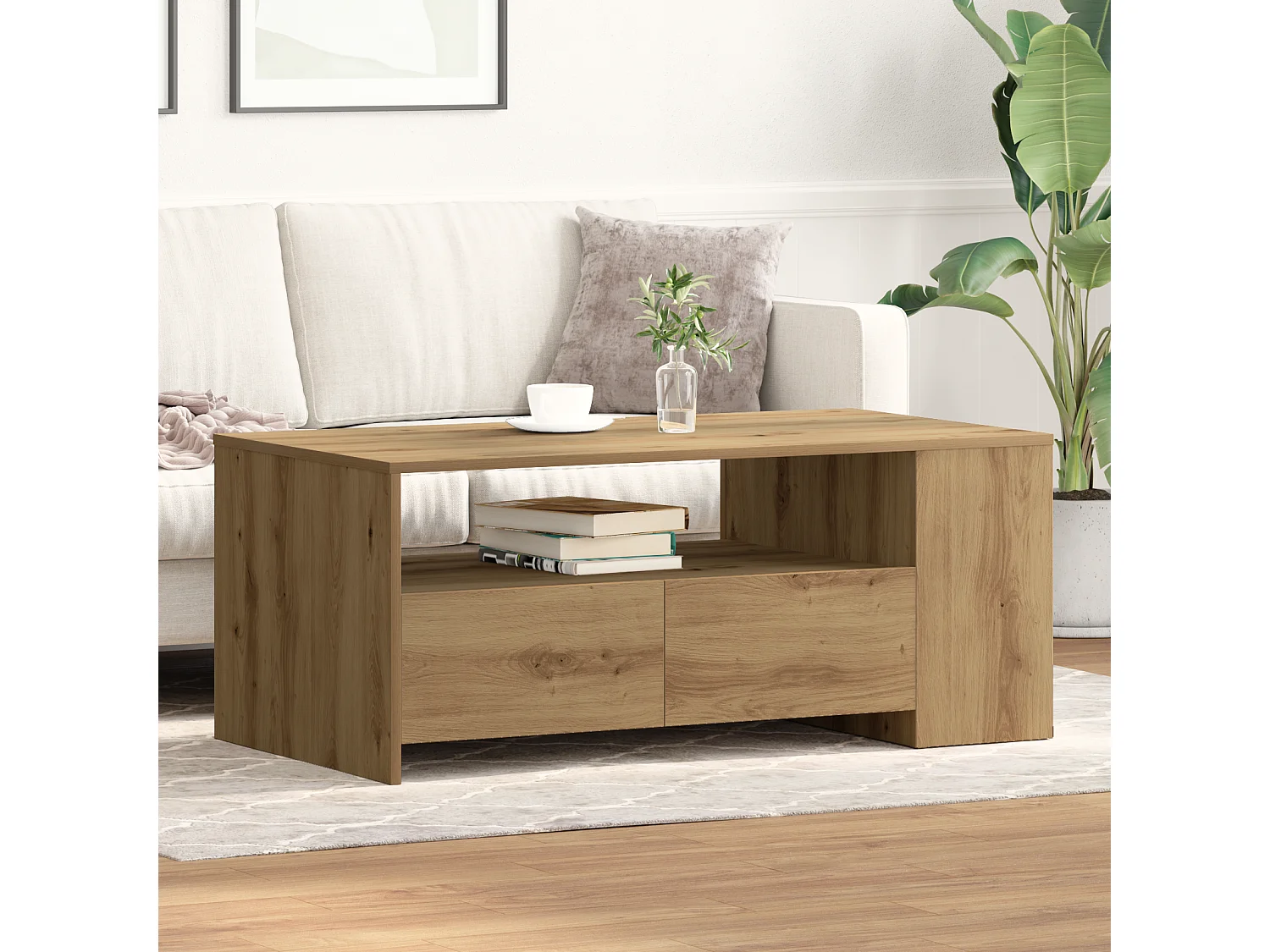 Table basse - Chêne artisanal - 102x55x43,5 cm - Fabriquée en bois d'ingénierie