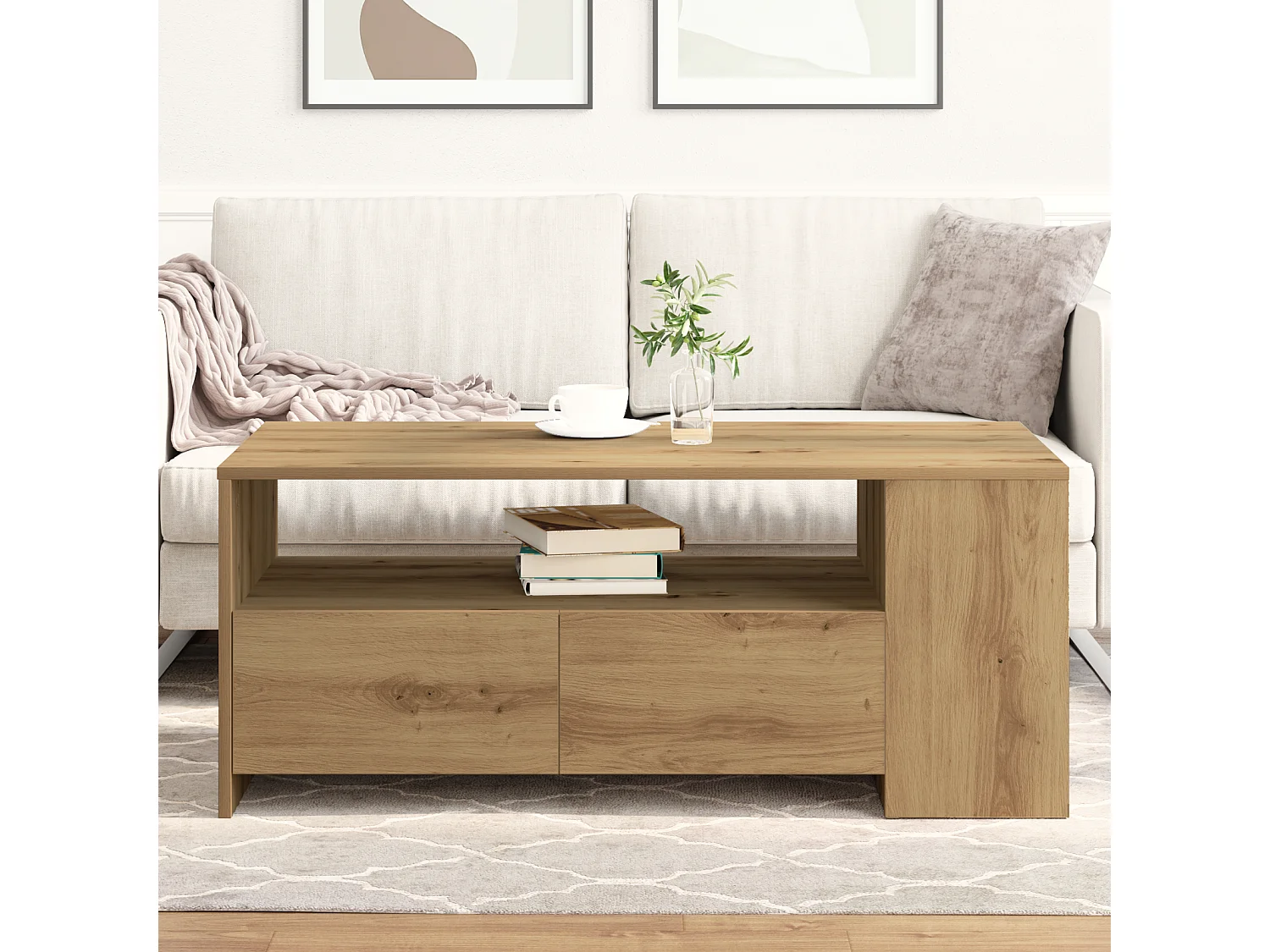 Table basse - Chêne artisanal - 102x55x43,5 cm - Fabriquée en bois d'ingénierie