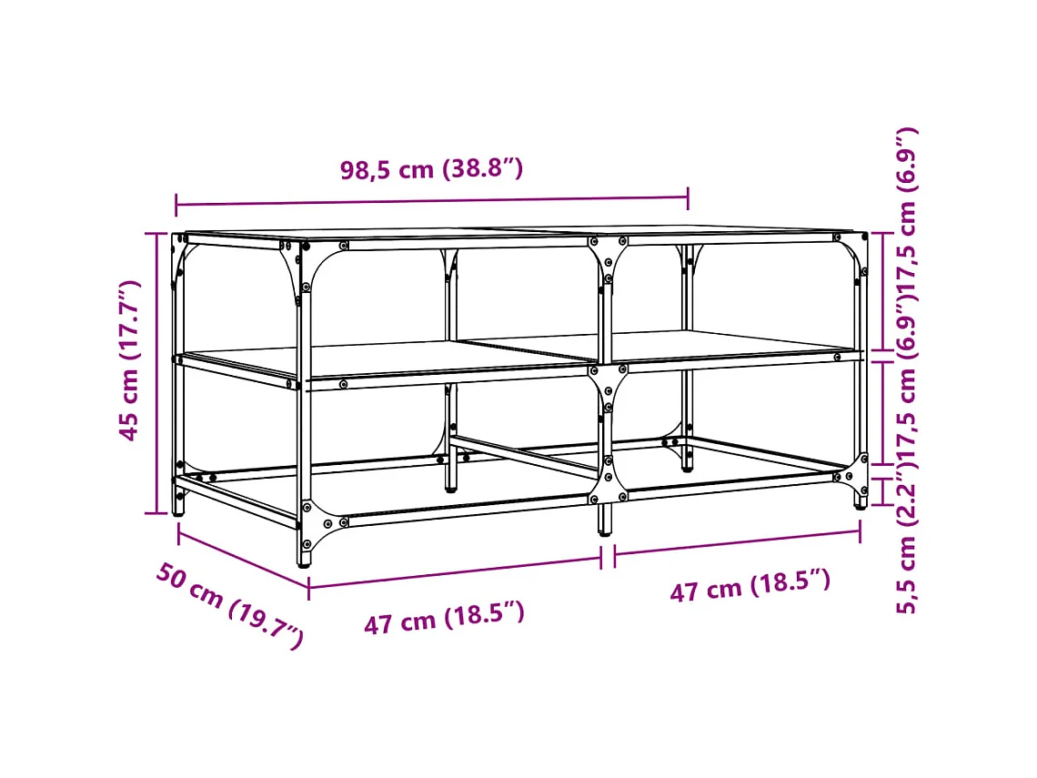 Tavolino con piano in vetro trasparente 98,5x50x45cm acciaio