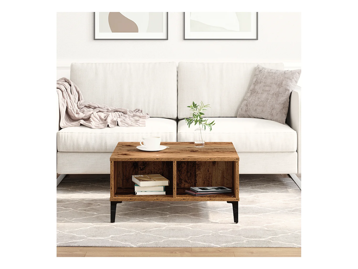 Table basse en vieux bois 60x60x30 cm en bois reconstitué