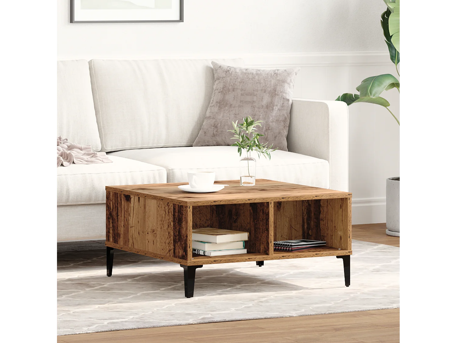 Table basse en vieux bois 60x60x30 cm en bois reconstitué