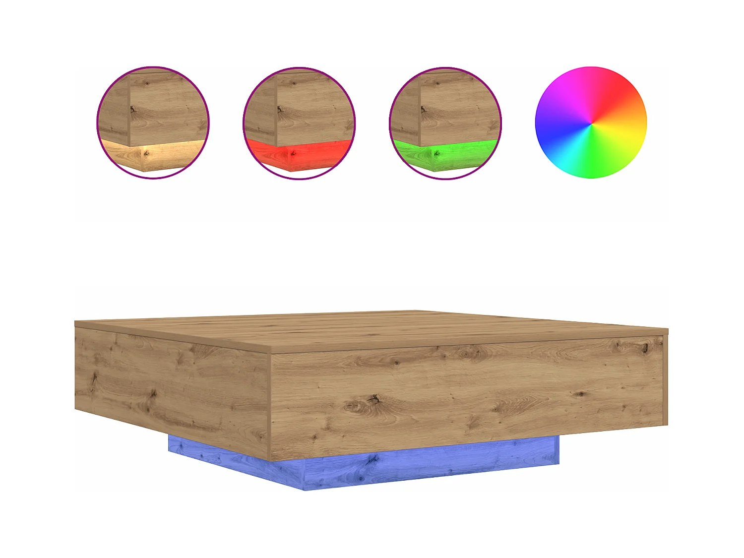 Table basse avec lumières LED Chêne artisanal 100x100x31 cm