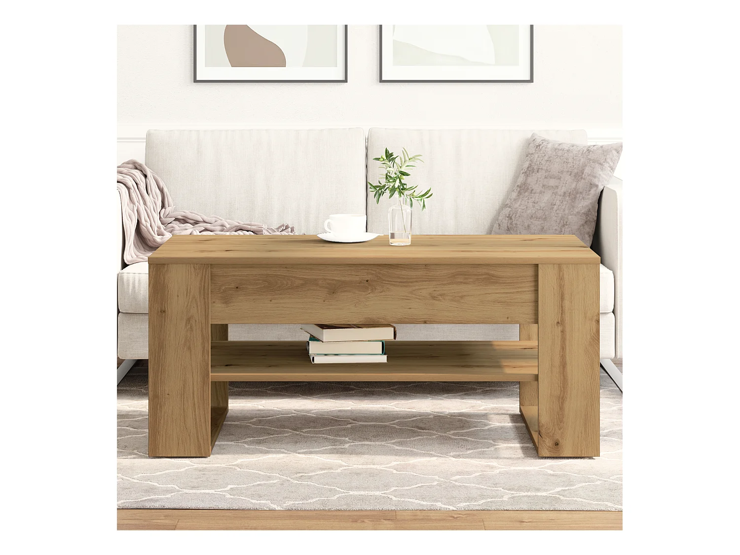 Table basse chêne artisanal 102x55x45 cm en bois stratifié