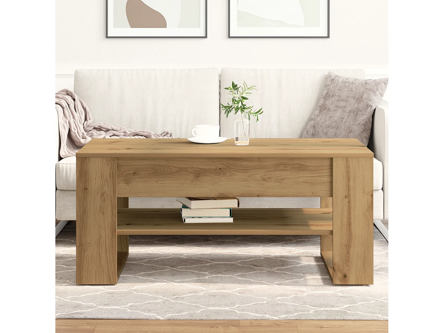 Table basse chêne artisanal 102x55x45 cm en bois stratifié