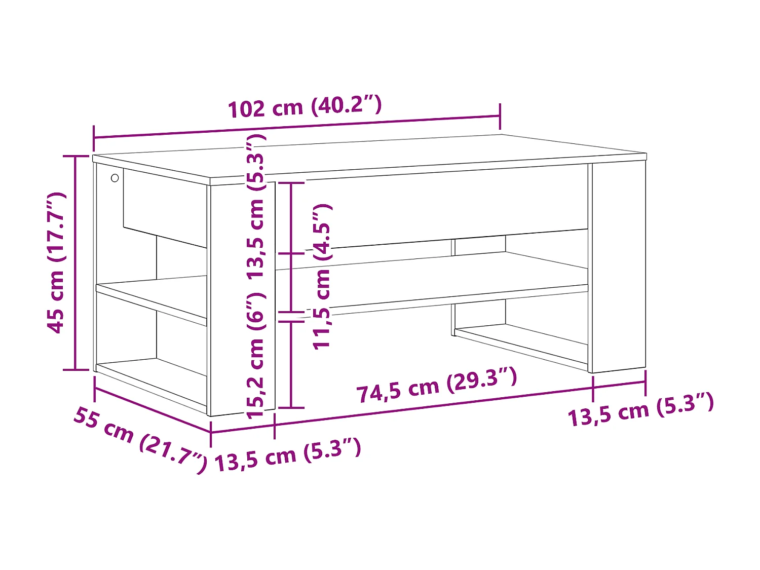 Table basse chêne artisanal 102x55x45 cm en bois stratifié