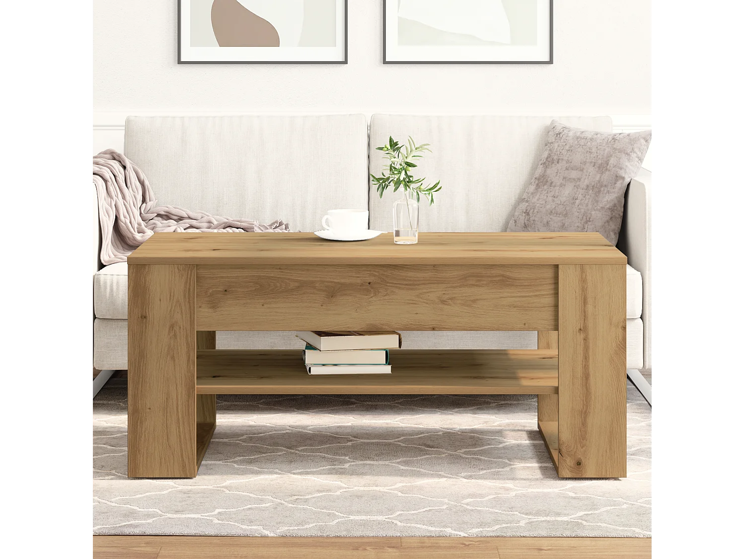 Table basse chêne artisanal 102x55x45 cm en bois stratifié