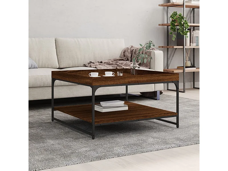 Mesa de centro de roble marrón 80x80x45 cm madera contrachapada y hierro