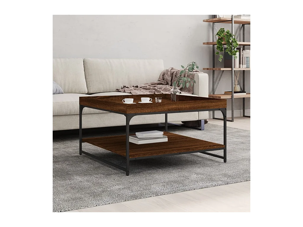 Table basse chêne marron 80x80x45 cm bois d'ingénierie et fer