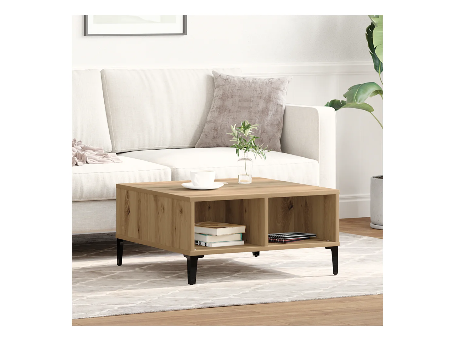 Mesa de centro artesanal de roble de 60 x 60 x 30 cm, madera de ingeniería