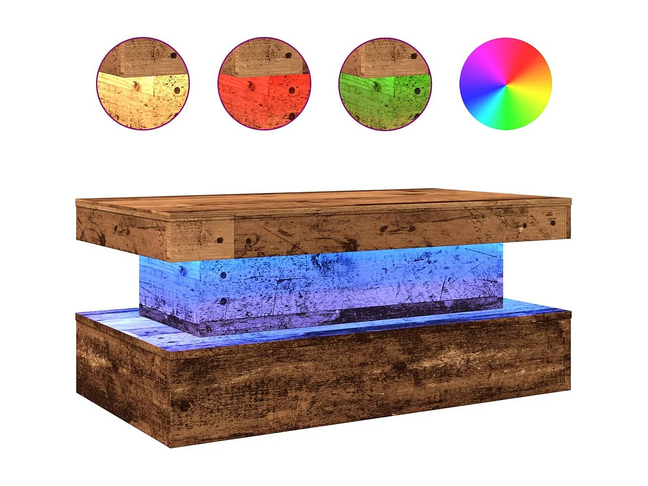 Mesa de centro con luces LED madera vieja 90x50x40 cm