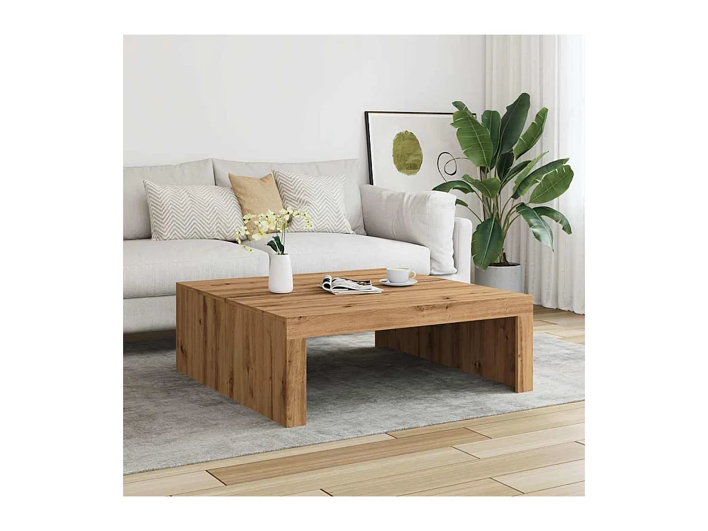 Table basse chêne artisanal 100x100x35 cm bois d'ingénierie