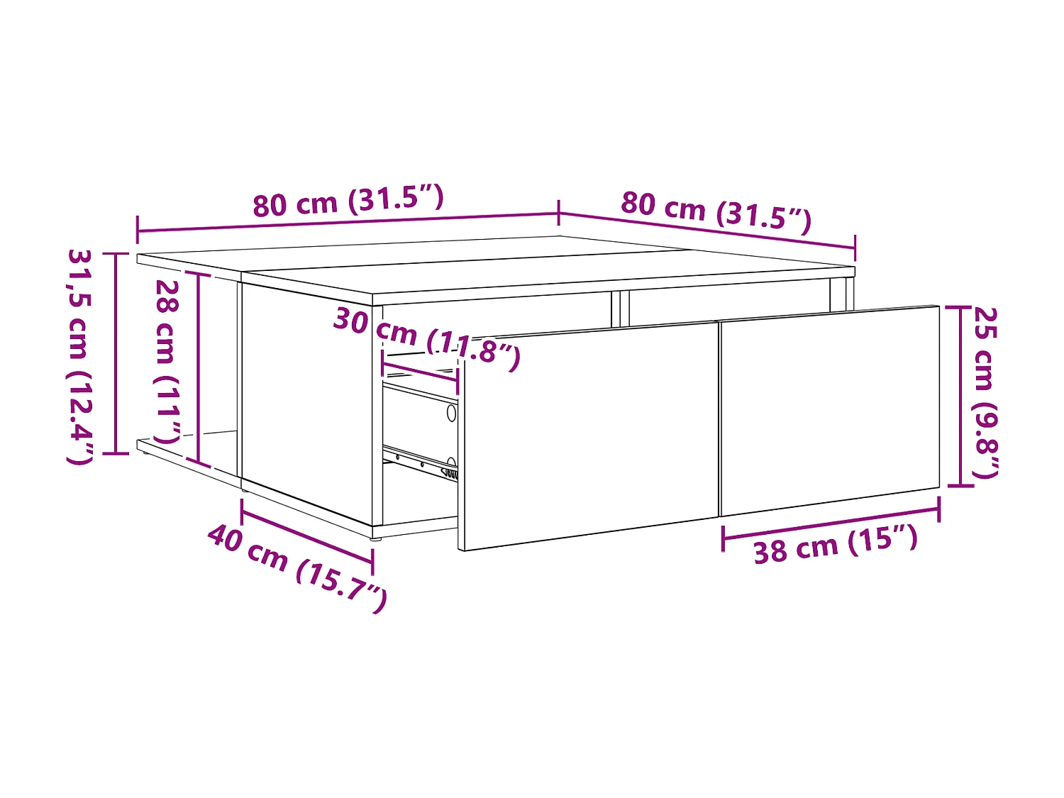 Handgemaakte eikenhouten salontafel 80 x 80 x 31 cm Technisch hout