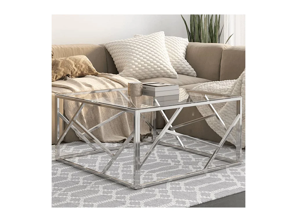 Table basse argenté acier inoxydable et verre trempé