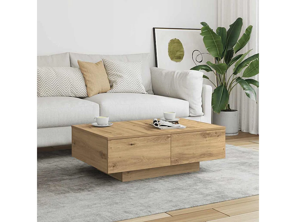 Table basse chêne artisanal 90x60x31 cm bois d'ingénierie