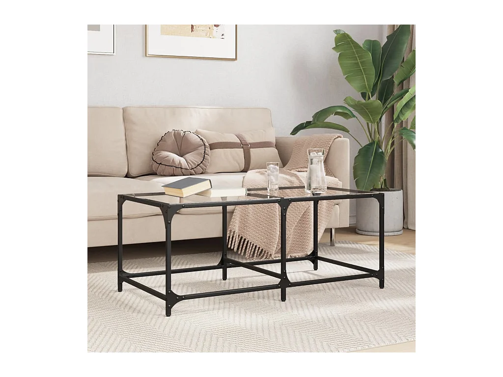 Tavolino con piano in vetro trasparente 98,5x50x40cm acciaio